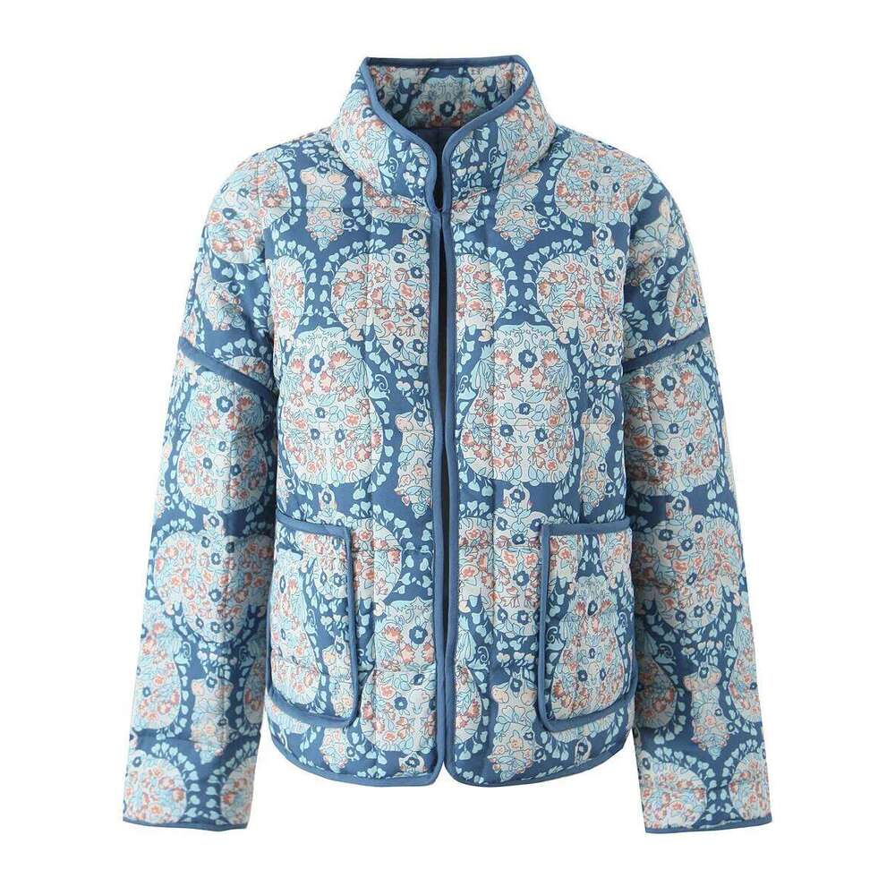 Gypsylady Boho Floral Chic Padded Jacket Coats Loose O-neck Pocket Autumn Spring Long Sleeve Blue Women Ladies Streetwear New