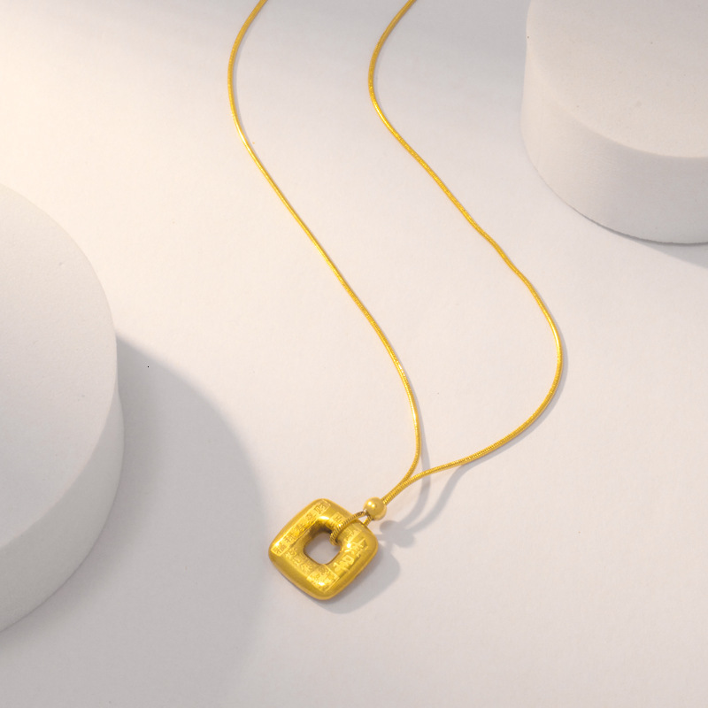 Fashion Chinese Style Trendy Versatile Fortune and Prosperity Square Engraved Necklace for Women Titanium Steel Non-Fading Jewelry