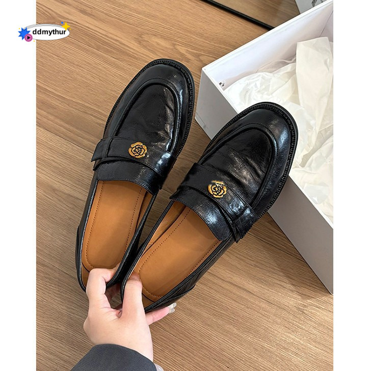 Cowhide Version ~ Genuine New Thick-Soled Camellia Slip-On Loafers for Women British Style Small Leather Single Shoes ddmythur