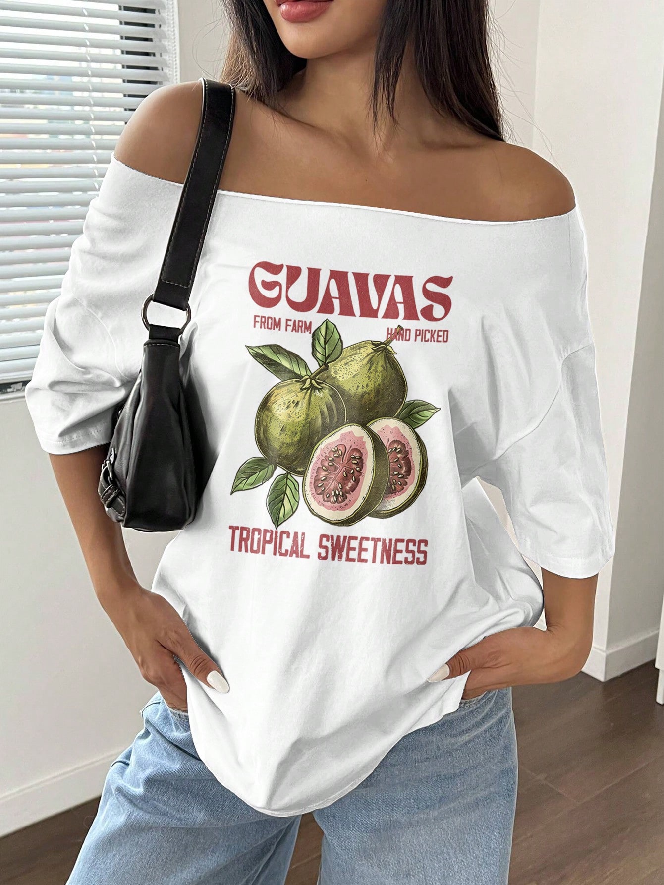 Asymmetrical Neck Oversized Women's T-shirt Loose Pomegranate White Pure Cotton Casual T-shirt