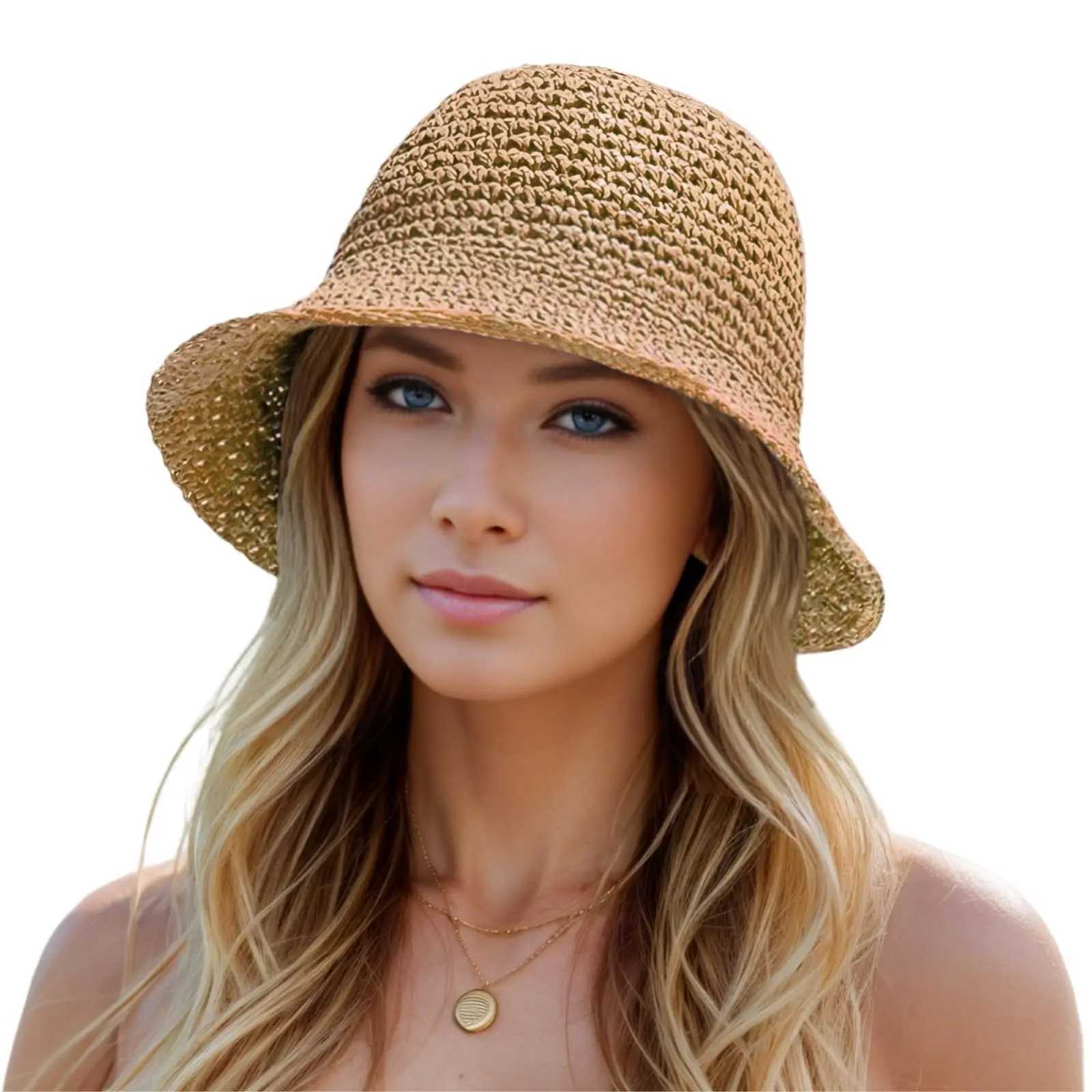 Summer UV-Protect Crochet Straw Bucket Hat for Women Beach Fashionable Breathable Outdoor Sunshade Cap Foldable Visors M250616