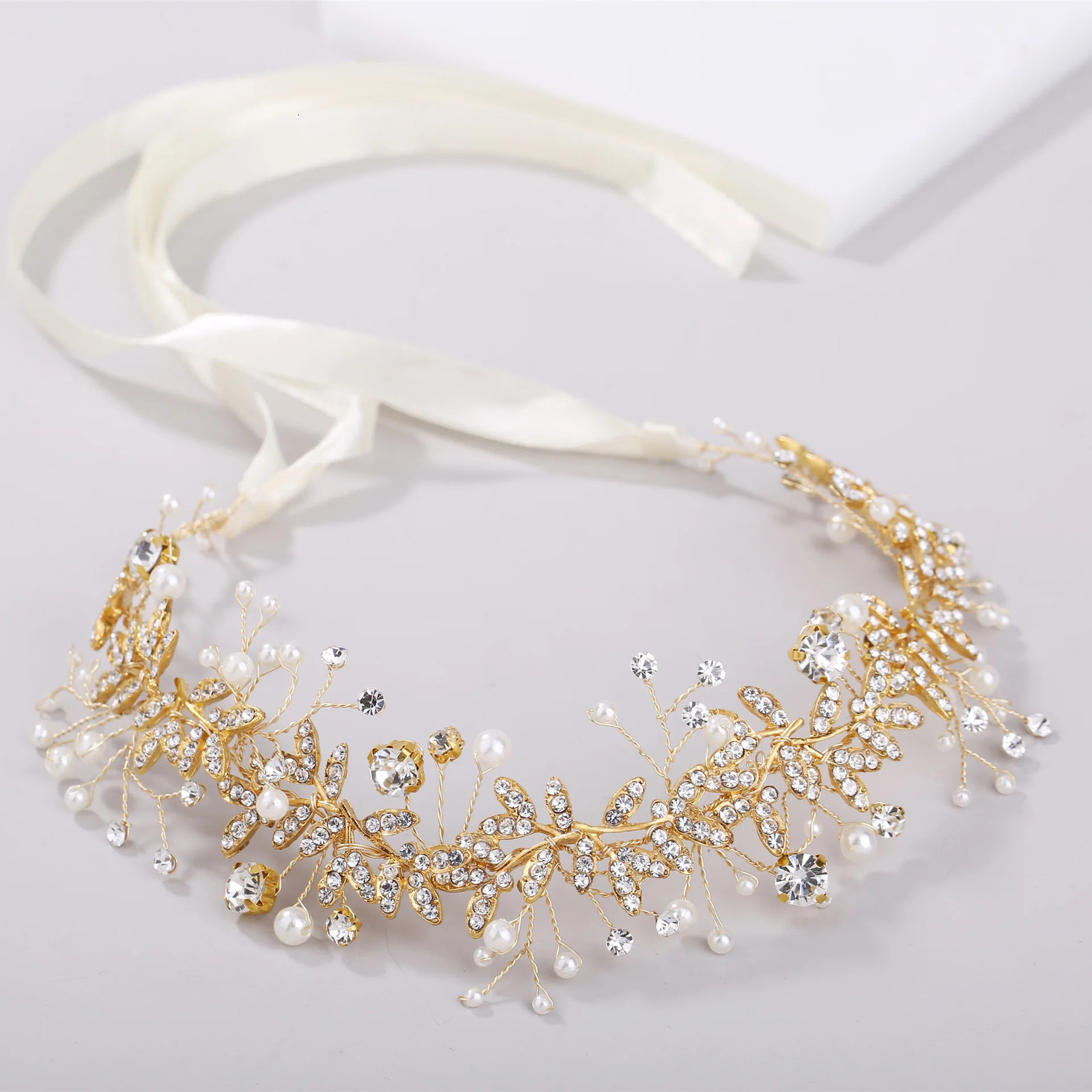Crystal Flower Headband Ribbon Bow Hairband for Bride Wedding Hair Accessories Pearl Head Flower Headband Headwear 250610
