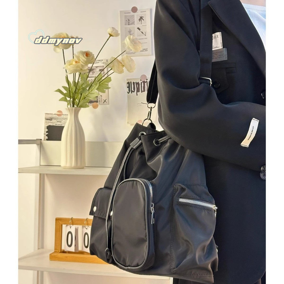 New Style Wind Draw 2024 Drawstring Korean Sweet Pocket Bag Tote Design Commuting Cool Single Shoulder College Backpack ddmynov