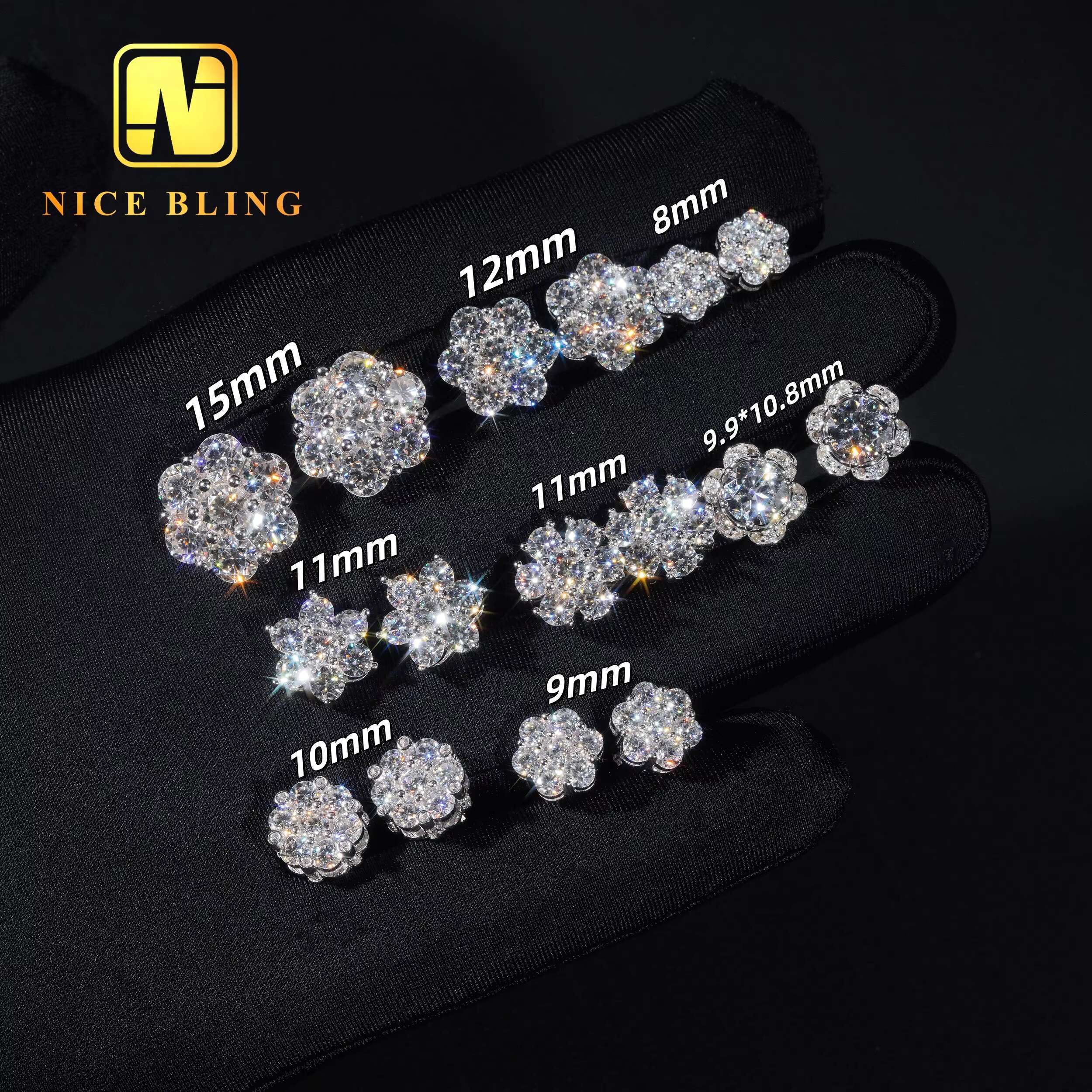 Ready to Ship FULL SIZES Moissanite Flower Stud Earrings Cluster Ear Studs Pass Diamond Tester Hip Hop 925 Silver Gold Plated