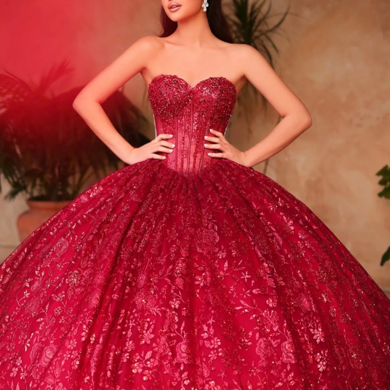 Red Shiny Quinceanera Dresses Ball Gown Off The Shoulder Sequin Applique Lace Beading Tull Sweet 16 Dress Vestidos 15 De Anos