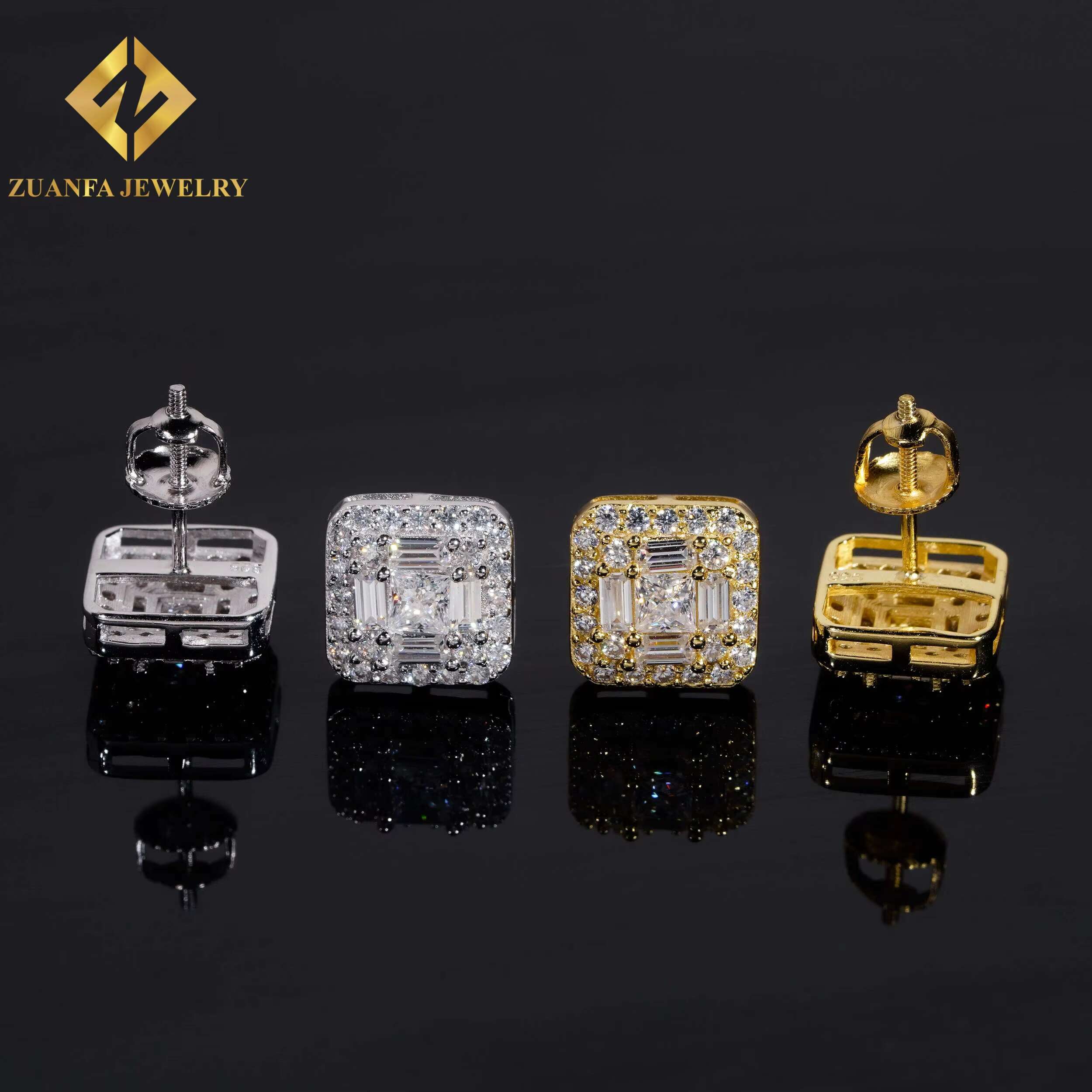 Ready Stock Baguette Cut VVS Moissanite 925 Sterling Silver 9.8mm Hip Hop Earring Jewelry Unisex