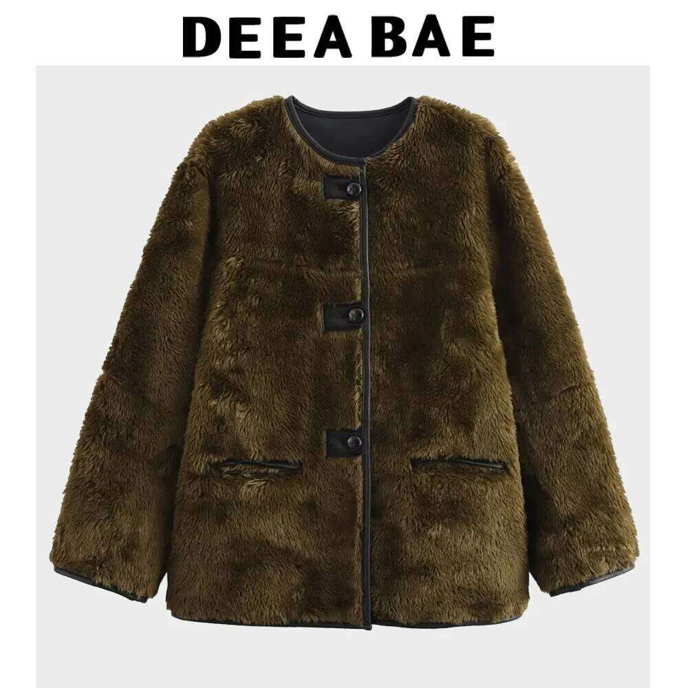DEEABAE Winter Ladies Temperament Fashion Button Top Maillard Retro Ing Leather Faux Fur Coat Women