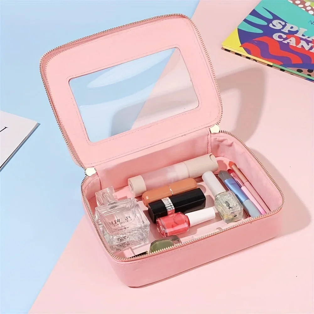 Minimalist Solid Color Makeup Handbag with Clear Window Lightweight Zipper Toiletry Wash Bag for Travel 250614