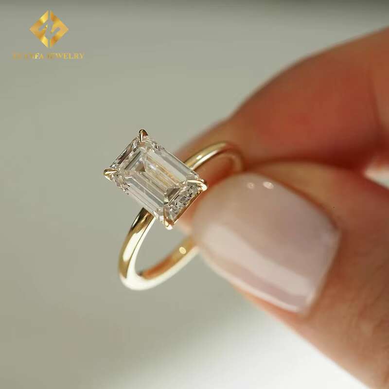 Emerald Cut Lab Diamonds Rings 10K Solid Gold Engagement Solitaire Diamonds Rings for Women