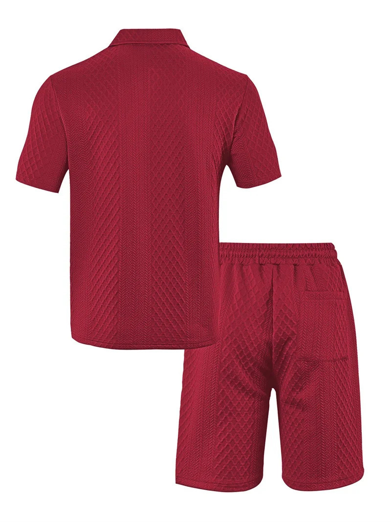 Summer Mens Casual Sportswear Polo Shirt Turnover collar Shortsleeved And Shorts Jacquard Texture Suit 250612