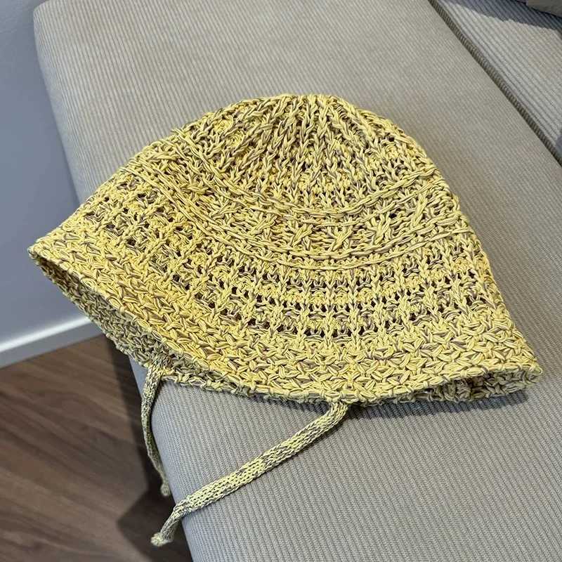 New Arrival Korean Mixed Color Woven Strap Bucket Hat Summer Breathable Hollow Casual Versatile Sunshade Foldable Knitted Sun Cap for Women U250616