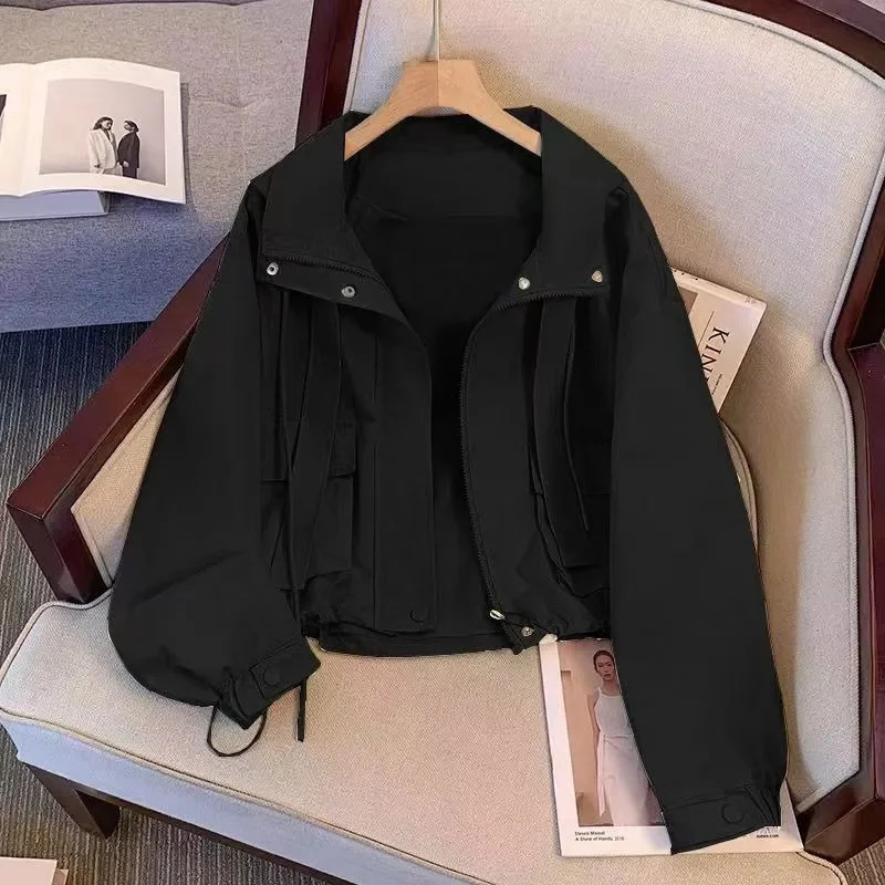 2025 Spring Autumn Coat Women Cropped Hooded Jacket Casual Thin Loose Clothes Windbreakers Female Tops Outerwear Overcoat 250614