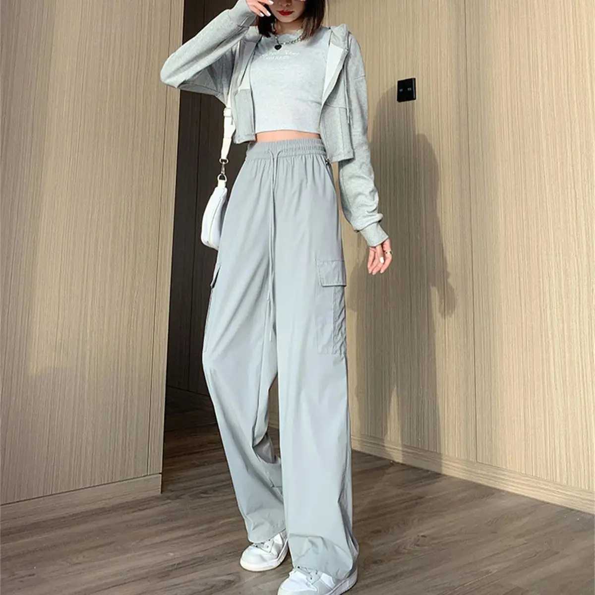 High Waist Baggy Cargo Pants Women Spring Summer Wide Leg Straight Solid Trousers Lady Casual Vintage Elastic Pant Streetwear XJ250616