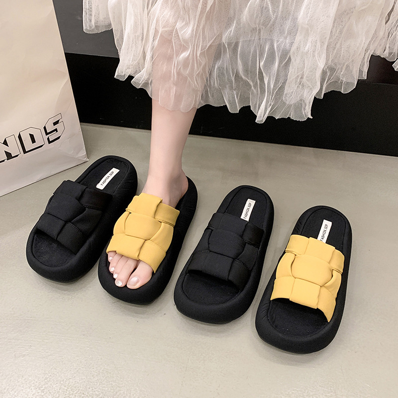 Ddmysports Thick Woven Slippers For Women Outdoor Wear Summer New Flat One Word Casual Soft Sole Versatile Sandals Outdoor Shoes