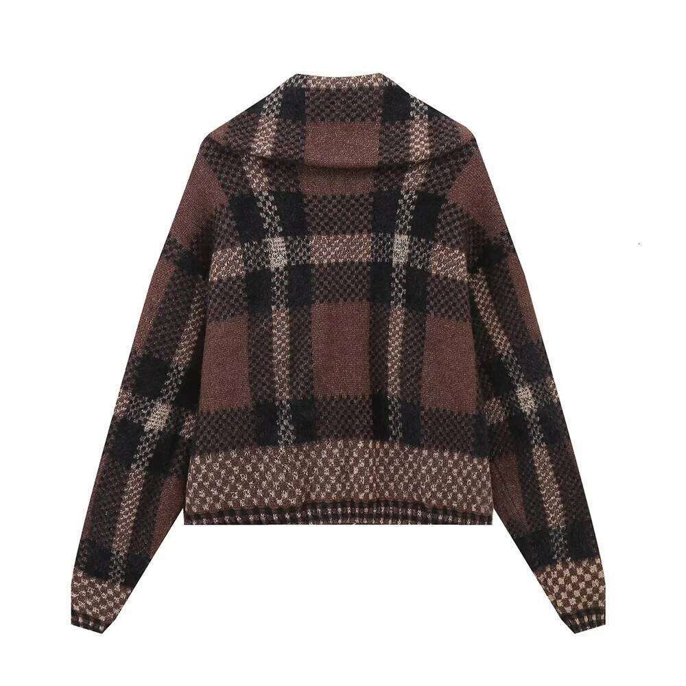 BMURHMZA Autumn/Winter New Product Women's Fashion Collar Long Sleeve Checkered Knitwear Cardigan Sweater Coat