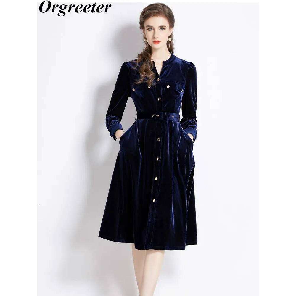 Autumn Vintage Solid Veet for Women Winter V-neck Long Sleeve Belts Slim A-line Midi Dress Robes Femme