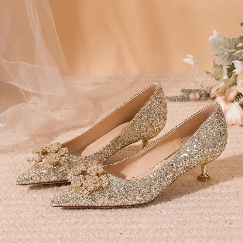 Ladies Pumps Pointed Toe Silver Rhinestone Low Heel Elegant Womens Shoes Bride Footwear 39 Vacation 2025 Trend on Offer Slip 250614