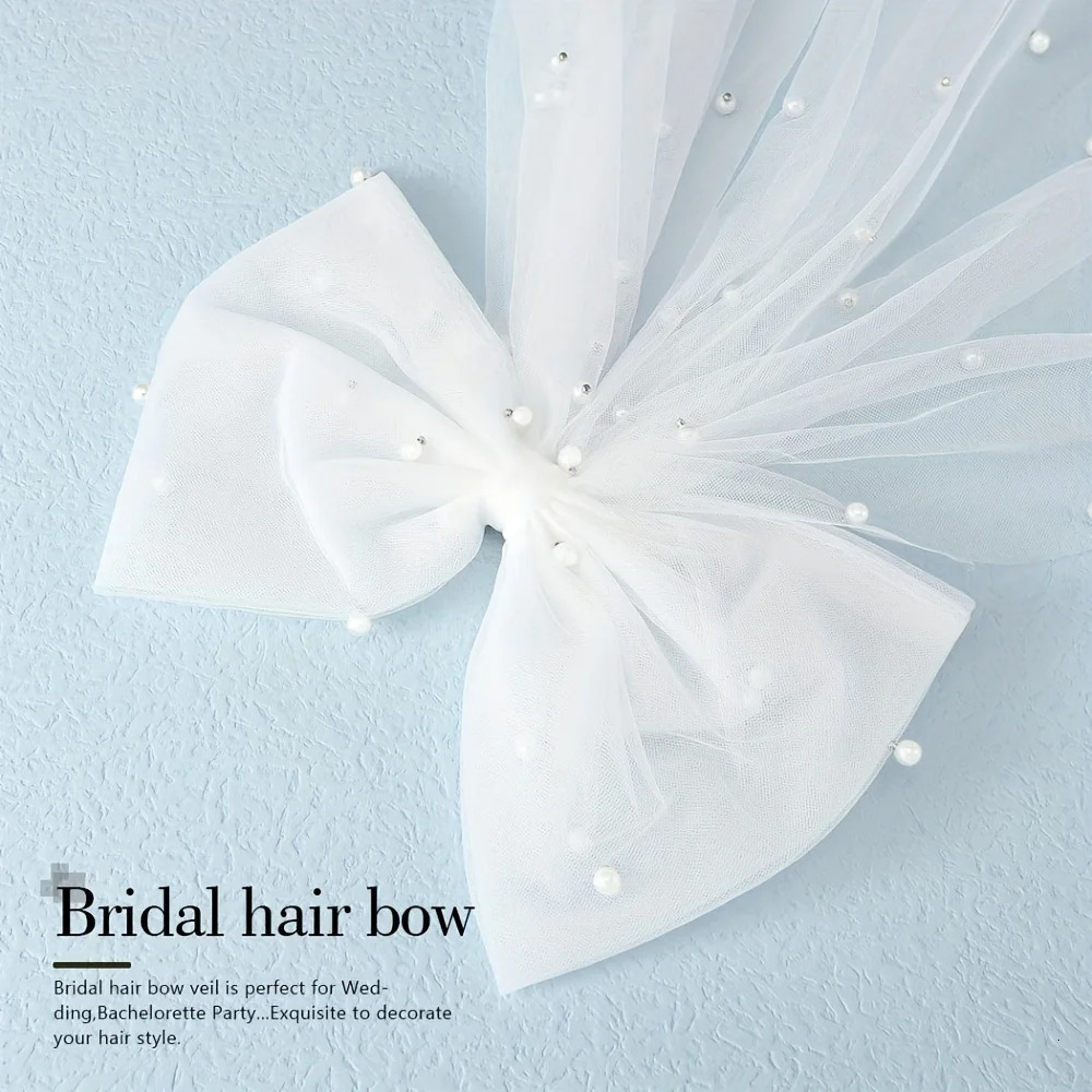 Elegant Bridal Bow Veil with Pearls White Tulle Clip-on Wedding Accessories 250610