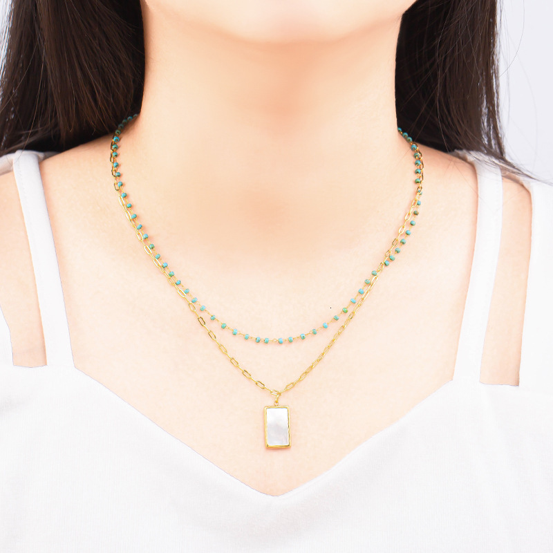 Light High-End White Mother-of-Pearl Rectangular Double Layer Stacked for Women, Unique Versatile Titanium Steel Necklace
