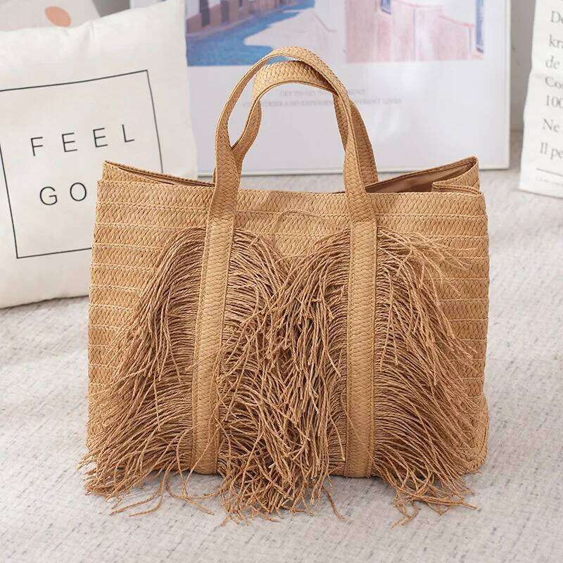 Large Capacity Straw Tote Bags For Women Designer Handbags Bohemian Tassel Beach Handmade Woven Shoulder Bag Travel Shopper