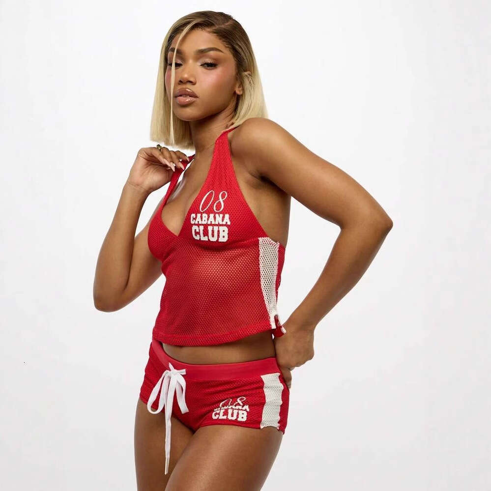 Summer Fashion Sexy Printed Breathable Mesh Halter Neck Tank Top Waist-Tied Hip-Lifting Shorts Set B5