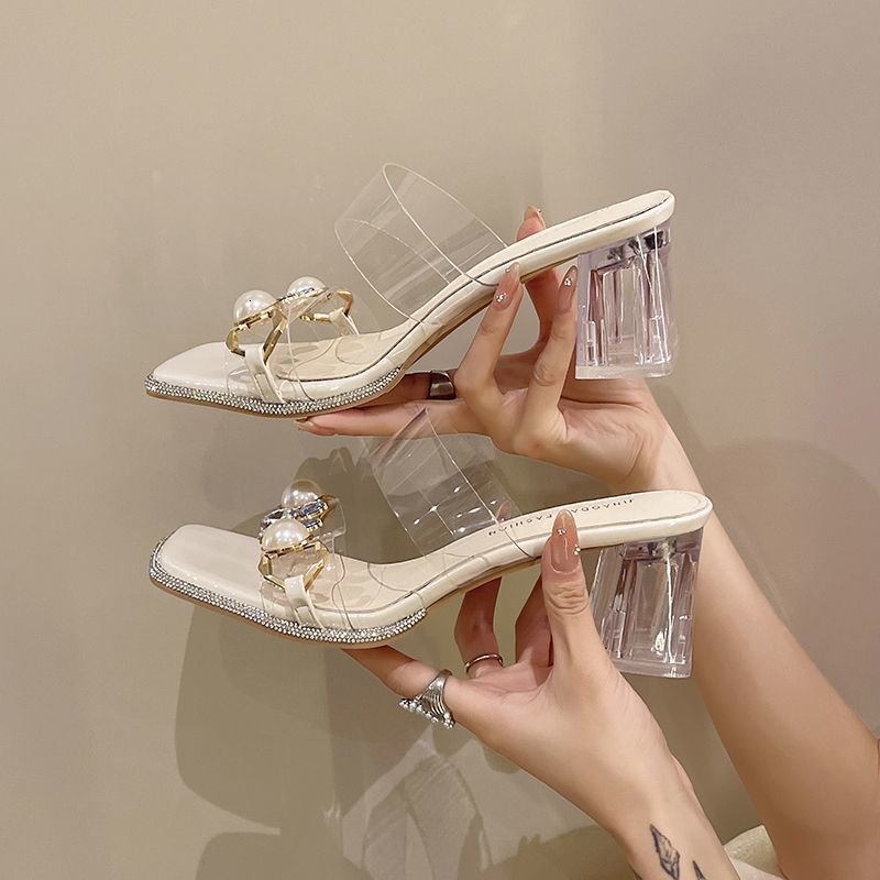Transparent high heels, thick medium shoes, slippers, outdoor summer pearl rhinestone women's sandals, designer sandals