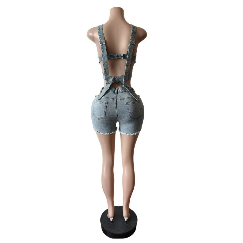 2 Piece Set Denim Shorts Suit Sexy Vest Top Strap Backless Jeans Short Pants Pockets Outfits 2025 Streetwear Ensemble 250612