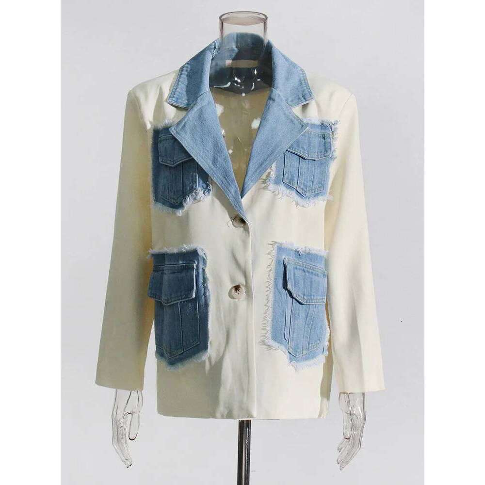 TWOTWINSTYLE Colorblock Patchwork Denim Jacket For Women Notched Collar Long Sleeve Spliced Pocket Casual Blazer Female Style