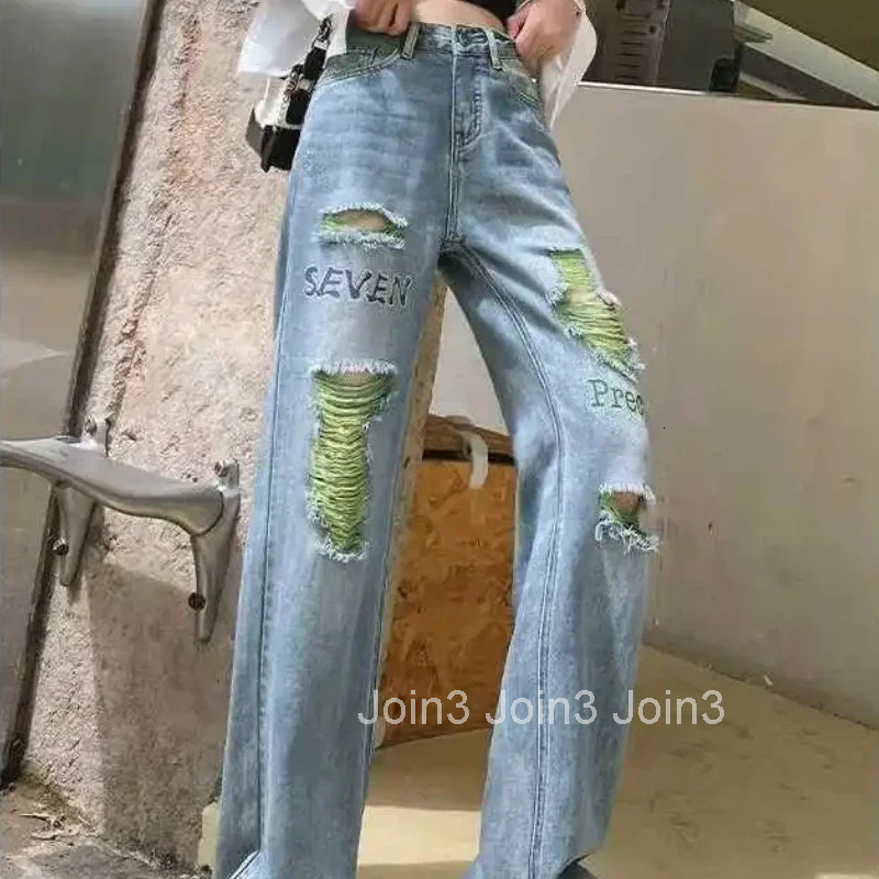 Cowboy Pants for Woman 2025 Fashion Letter Womens Ripped Jeans A Harajuku New In Korean Style Shiny R Trend With Holes Trousers