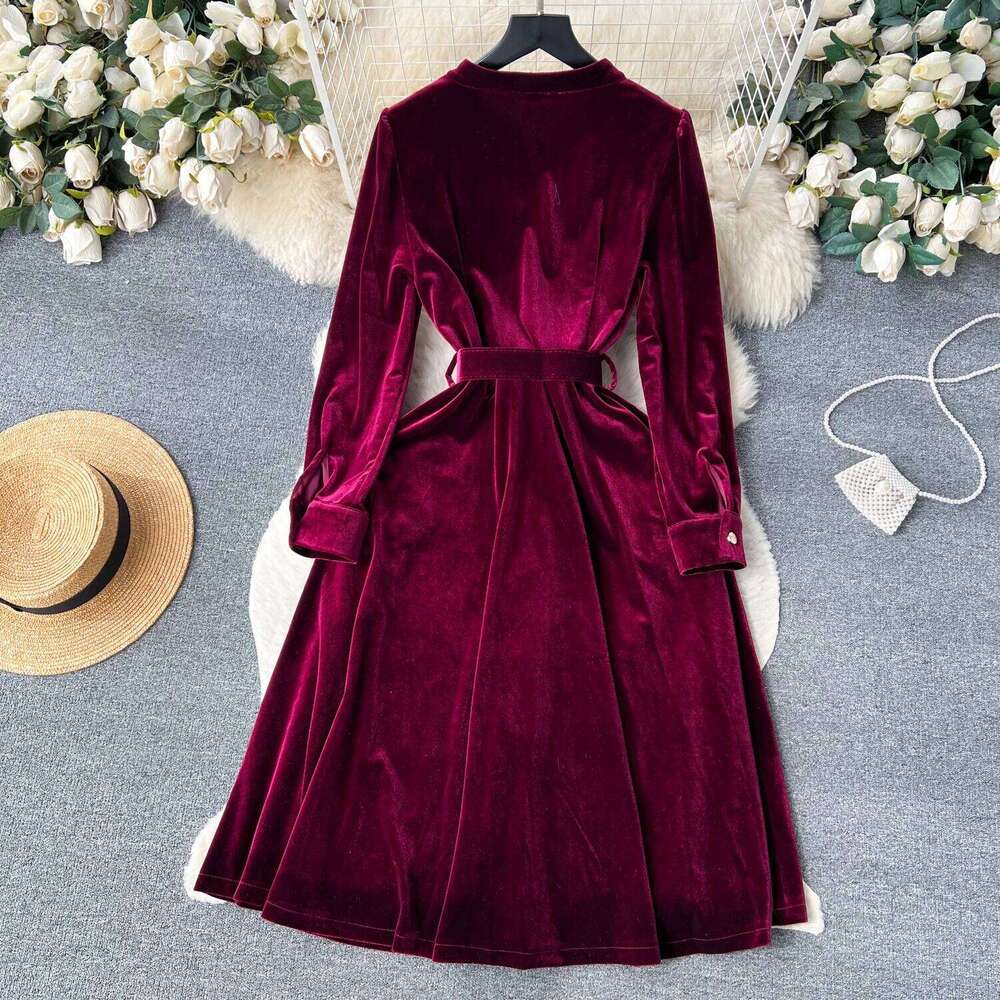 Autumn Vintage Solid Veet for Women Winter V-neck Long Sleeve Belts Slim A-line Midi Dress Robes Femme