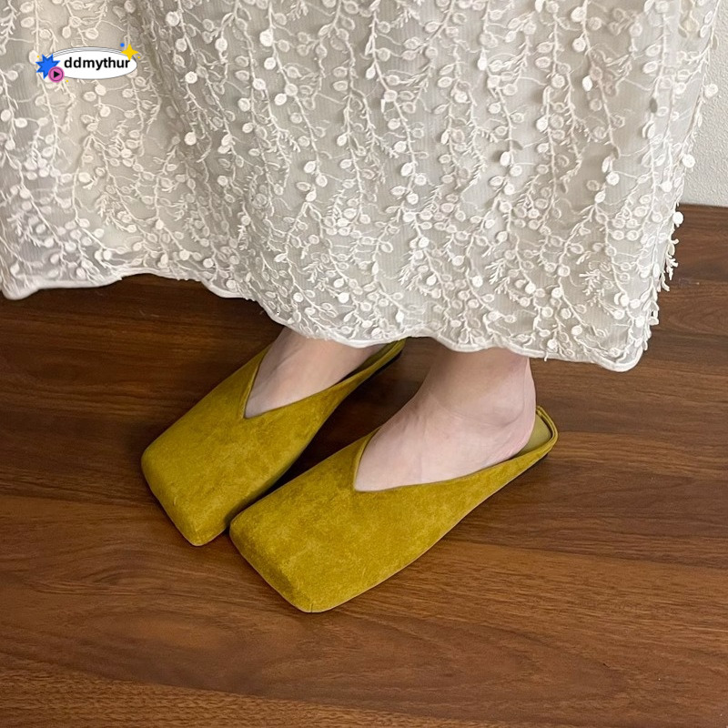 Baotou Half Slippers for Women, Outdoor Wear, 2025 Spring and Autumn New Style, Niche Square Toe, Shallow Mouth, Velvet Soft Sole Mules ddmythur