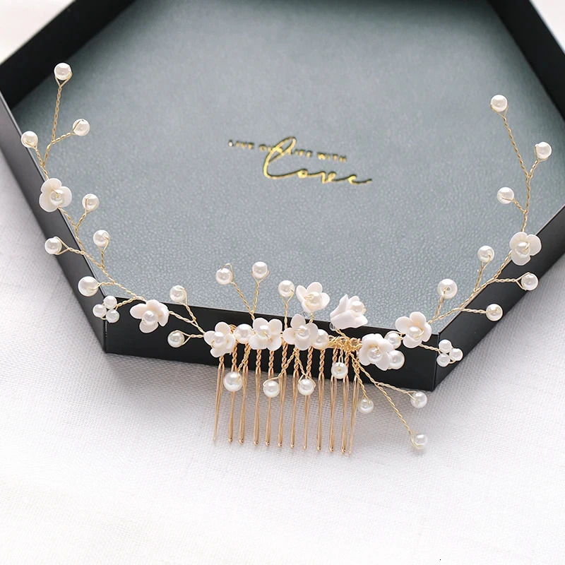 Gold Tiara Hair Combs Pearls Hair Accessories For Party Handmade Women Headbands Hair Ornaments Fashion Jewelry 250610