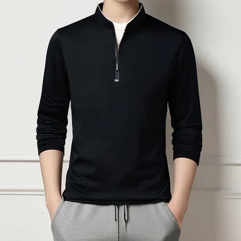 Mens Casual Fashion Solid Color Long Sleeve Polo Shirt Stand Up Collar Versatile Comfortable Top W250616