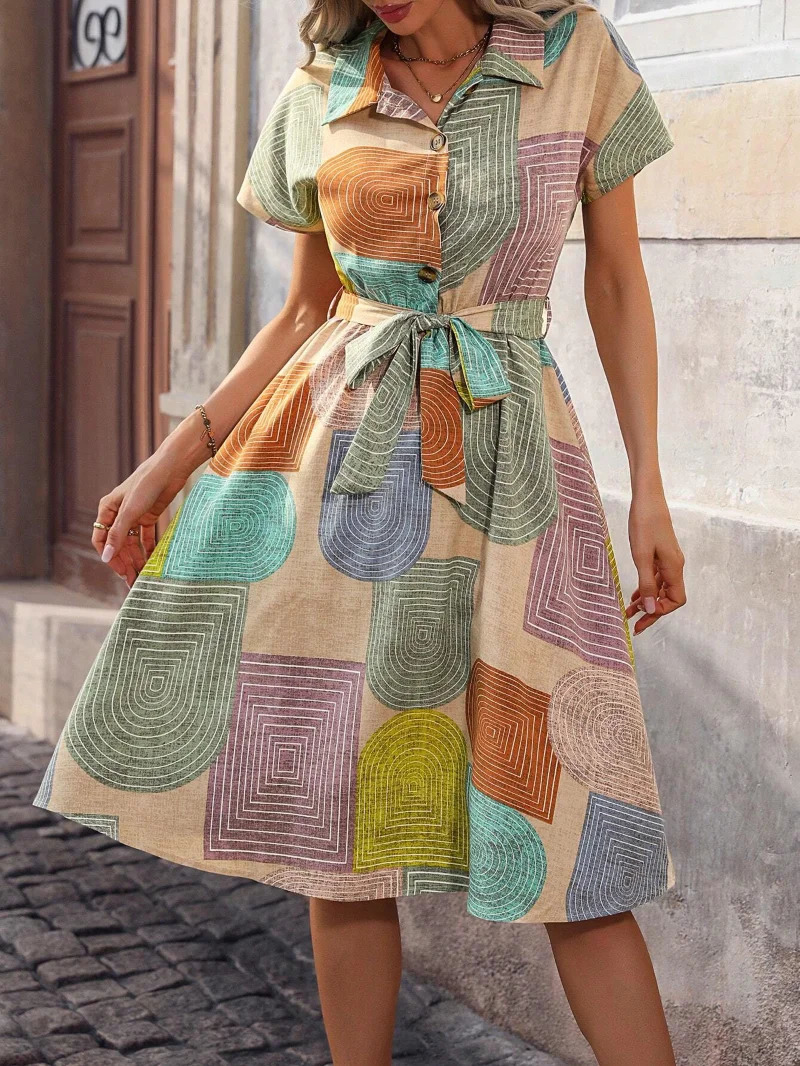 Elegant Vneck Geometric Print Summer Dress Womens Short Sleeve Buttoned Sleeveless Kneelength Elastic Waist Gown 250611