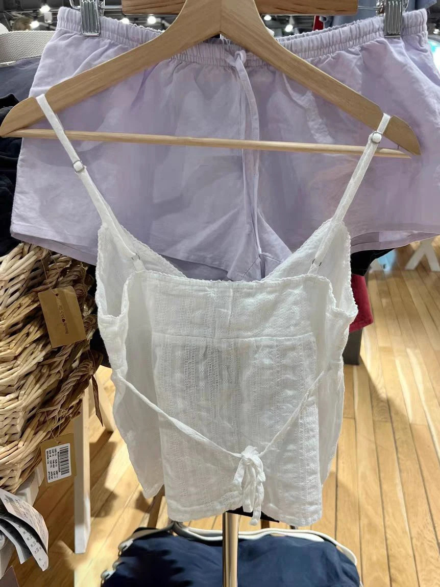 Eyelet Back Lace-up White Tank Top for Woman Sexy V-neck Soft Cotton Slim Cropped Vest Summer Sweet Preppy Style Crop Tops Y2k 250614