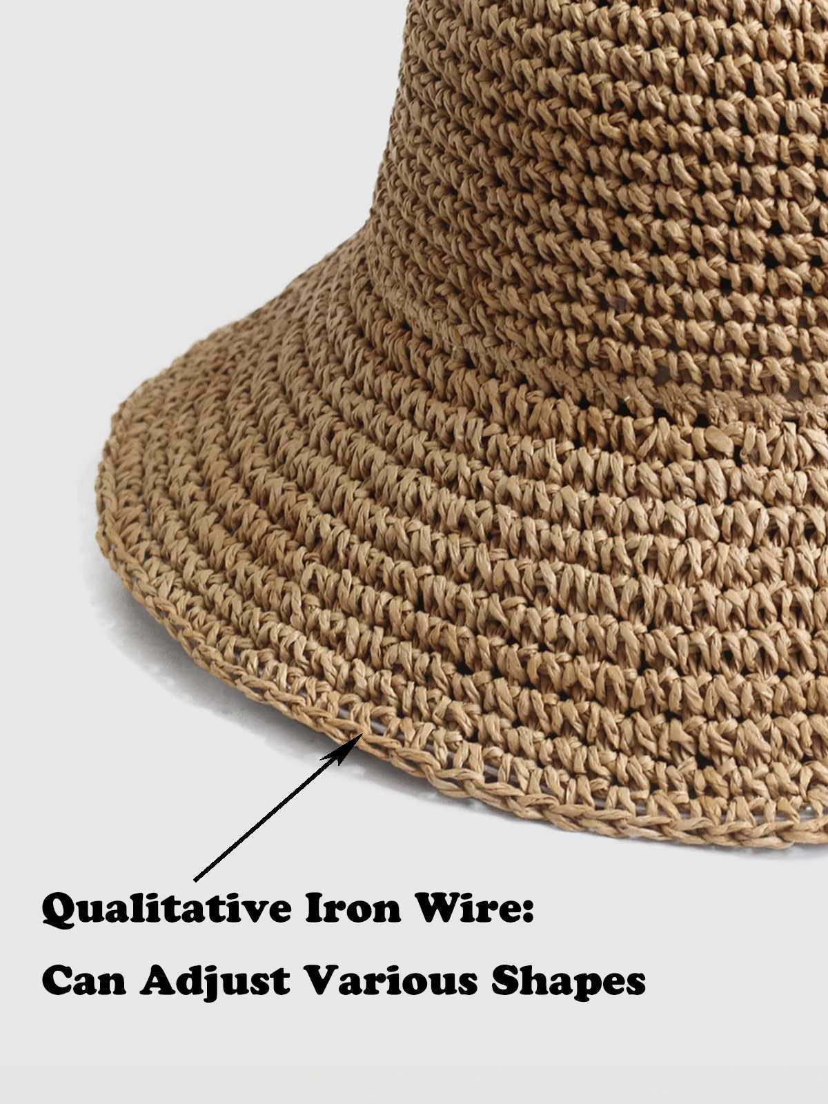 Summer UV-Protect Crochet Straw Bucket Hat for Women Beach Fashionable Breathable Outdoor Sunshade Cap Foldable Visors M250616