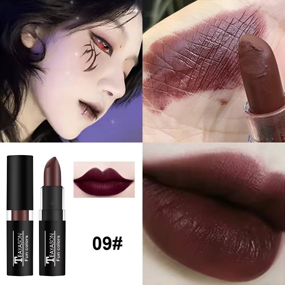12 Colors Matte Nude Clay Lipstick Vampire Makeup Punk Black Lip Gloss Dark Paint Stick Durable Waterproof Lasting Cosmetics happy
