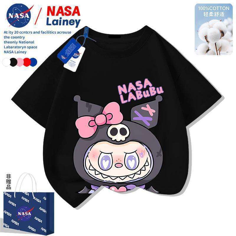 NASA Children's Labubu Boys and Girls Short Sleeve T-Shirt Cute Fashion Cartoon Versatile Top