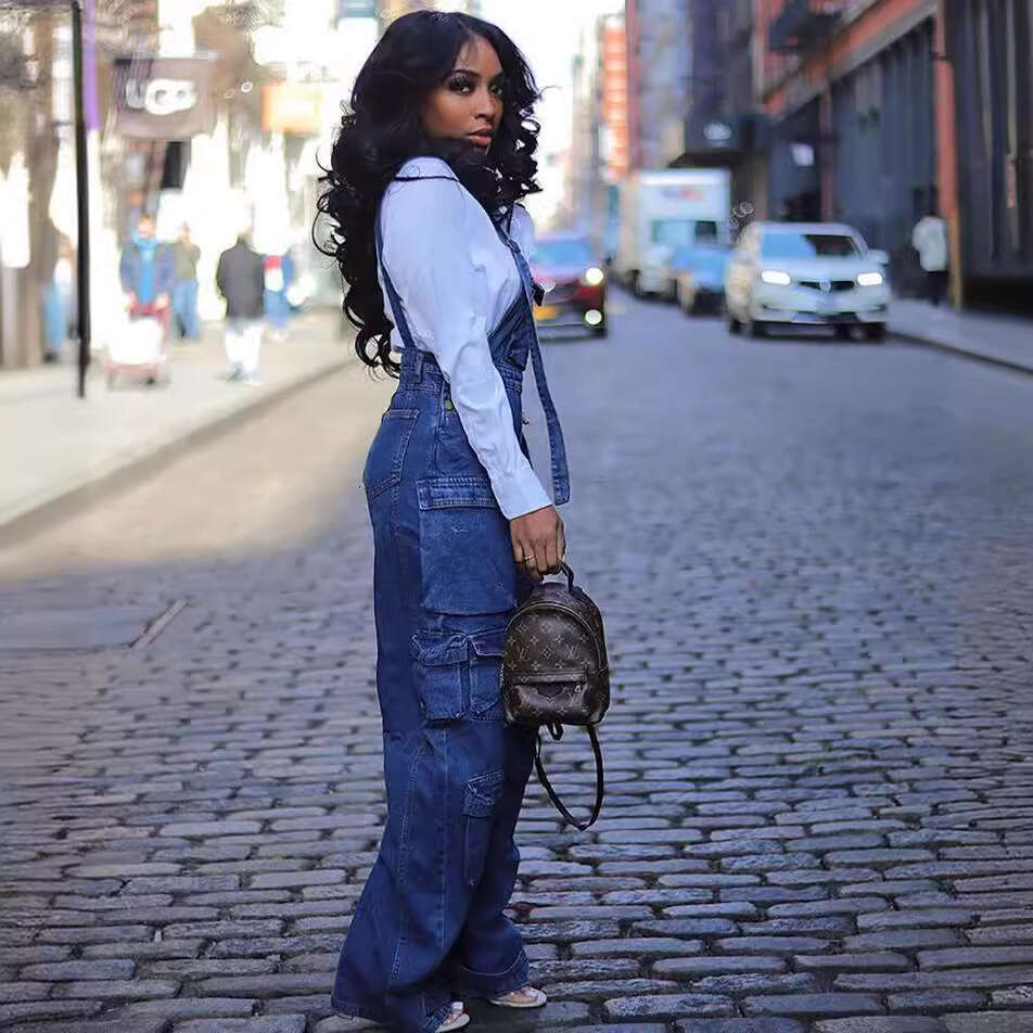 Women's Loose Fit Denim Overalls with Multiple Pockets, Spring Street Fashion, 2025 New Elegant and Unique Design