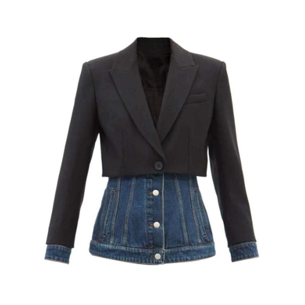 TWOTWINSTYLE Hit Color Patchwork Denim Blazer For Women Notched Collar Long Sleeve Spliced Button Designer Blazers Female New