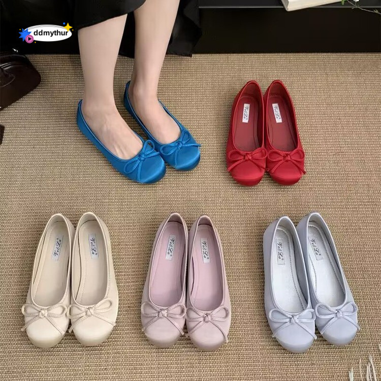 Red Shallow Mouth Single Shoes for Women Spring New French Style Gentle Fairy Blue Ballet Flat Loafers ddmythur