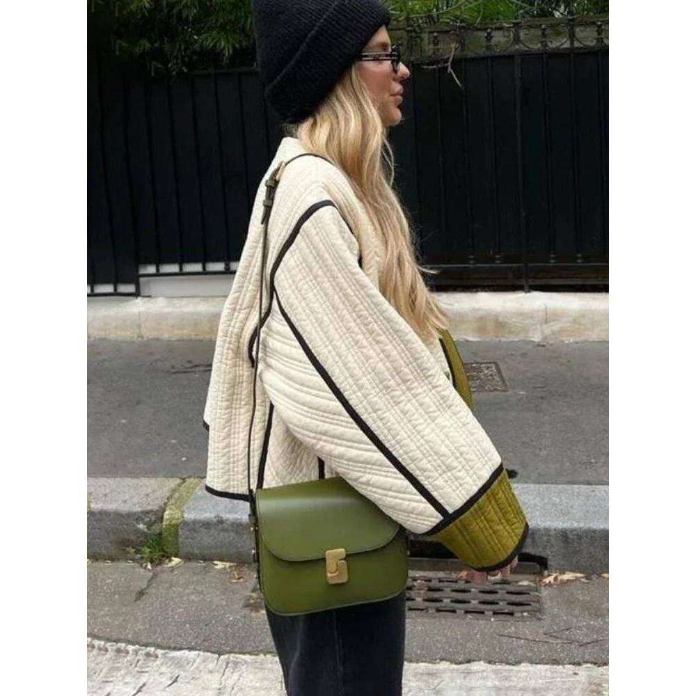 TARUXY Fashion Contrast Cotton Coat Women Single Breasted Splice Quilted Thermal Jacket Pocket Autumn Lady Casual Outwear