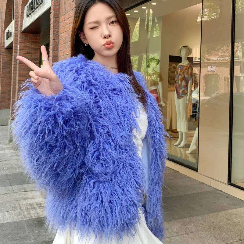 2024 New Solid Color Beach Sheep Wool Autumn And Winter Women's Long-sleeved Short Fashion Fur Jacket Imitation Furry Lamb Coats