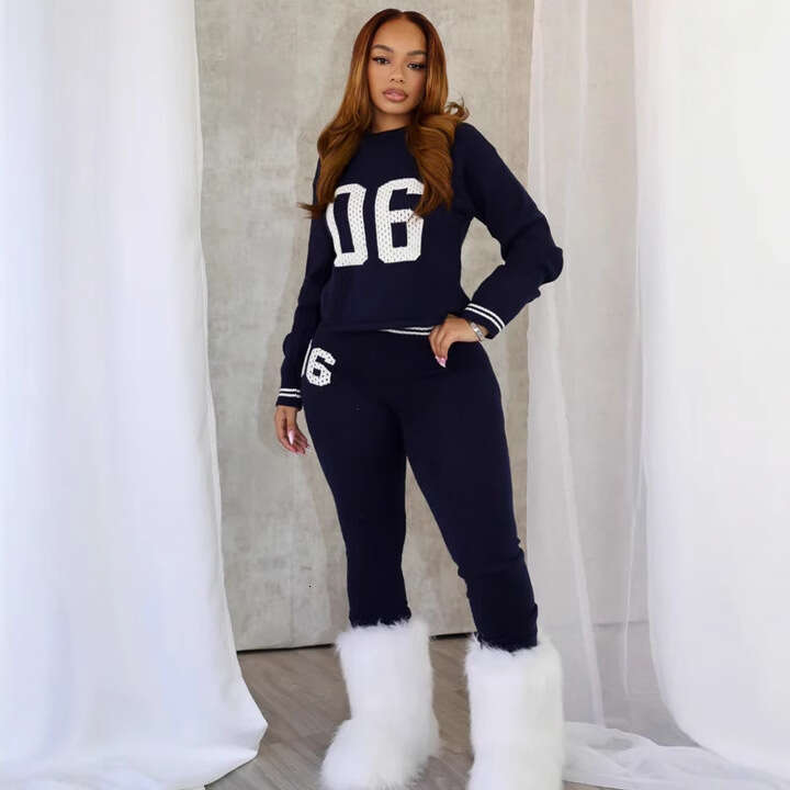 New Fashion Versatile Printed Sports Style Color-Block Casual Long Sleeve Top And Pants Set For Women B5