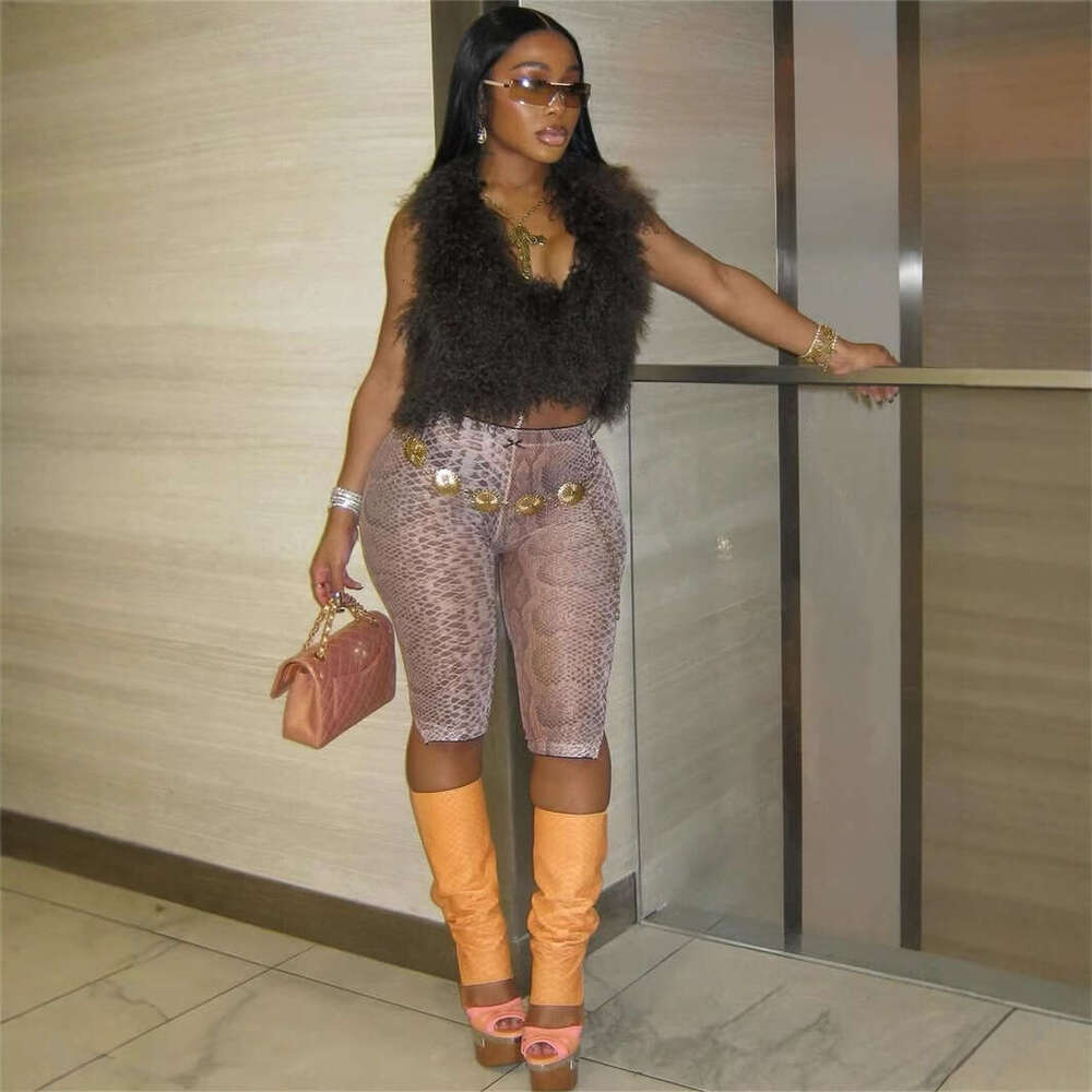 New Fashion Printed Trendy Slim Fit Mid-Waist Stretch Snake Print Capri Shorts Casual Pants B5