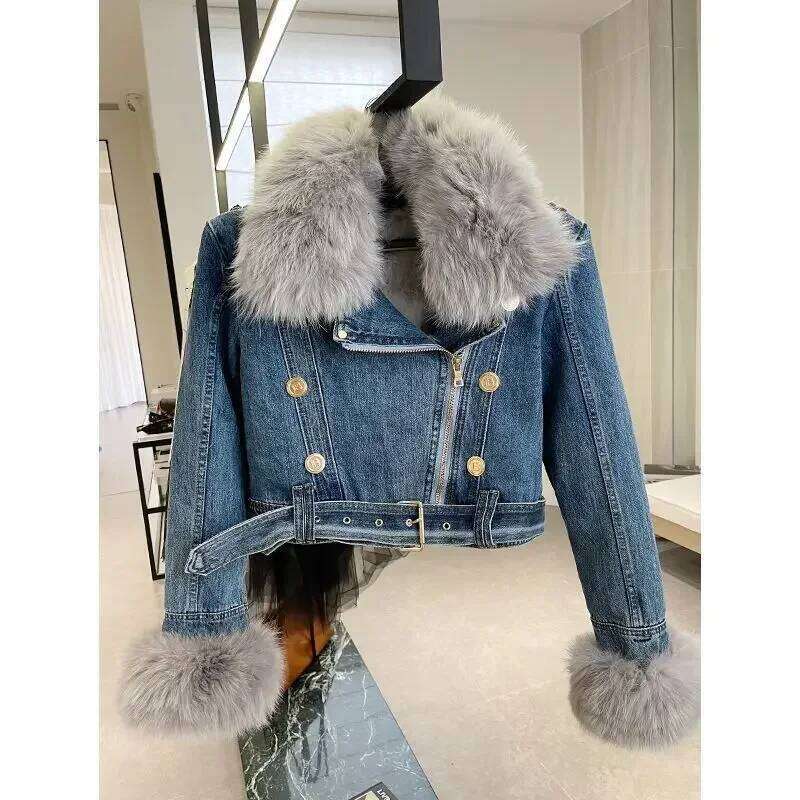 Denim Fur Long Sleeve Coat Women 2025 Winter Veet Loose All-match Lace-up with Belt Jackets Korean Chic Lapel Female Parkas