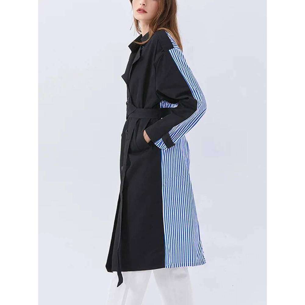 VGH Patchwork Belt Casual Striped Trench For Women Lapel Long Sleeve Spliced Double Breasted Minimalist Loose Coats Female New