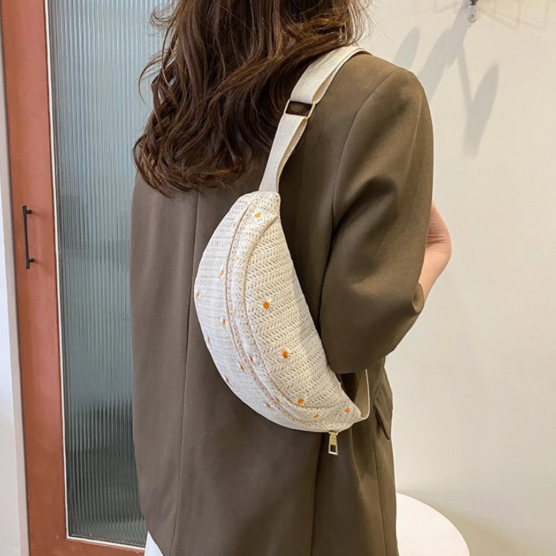 Womens Waist Bag Straw Woven Ladies Shoulder Crossbody Bags for Women 2025 Summer Fanny Pack Fashion Phone Female Chest 250612