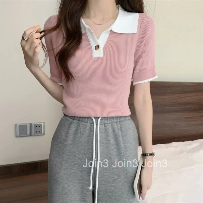 Knitted Woman Tshirt Summer Outfit Polo Neck T Shirt for Women Womens Short Sleeve T-shirt on Offer with Collar High Quality