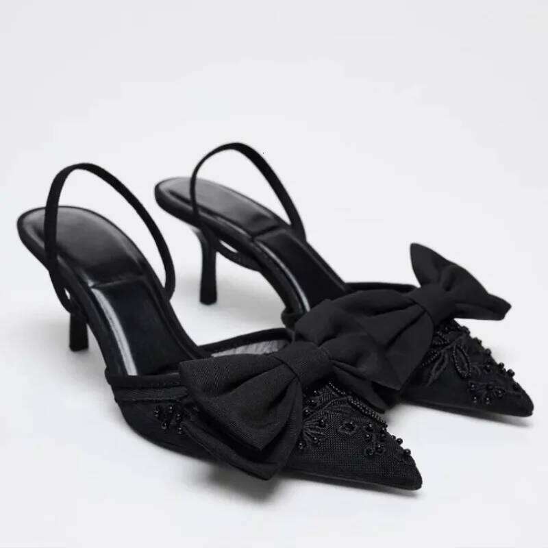 2025 Bowknot Women Pointed Sandals Black Mesh Designer Elegant Formal Footwear Charm Embroider High Heels Ladies Shoes